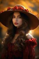 photo of emotional dynamic pose Mexican woman in autumn AI Generative