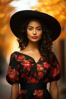 photo of emotional dynamic pose Mexican woman in autumn AI Generative