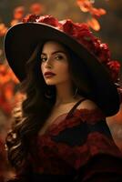 photo of emotional dynamic pose Mexican woman in autumn AI Generative