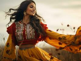 photo of emotional dynamic pose Mexican woman in autumn AI Generative