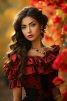 photo of emotional dynamic pose Mexican woman in autumn AI Generative