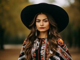 foto de emocional dinámica actitud mexicano mujer en otoño ai generativo