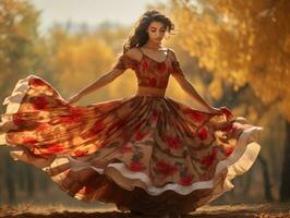 photo of emotional dynamic pose Mexican woman in autumn AI Generative