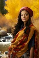 photo of emotional dynamic pose Mexican woman in autumn AI Generative