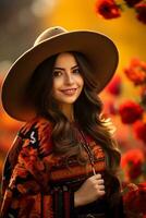 photo of emotional dynamic pose Mexican woman in autumn AI Generative