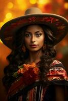 photo of emotional dynamic pose Mexican woman in autumn AI Generative