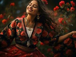 photo of emotional dynamic pose Mexican woman in autumn AI Generative