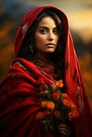 photo of emotional dynamic pose Mexican woman in autumn AI Generative