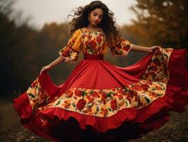 photo of emotional dynamic pose Mexican woman in autumn AI Generative