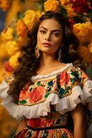 photo of emotional dynamic pose Mexican woman in autumn AI Generative