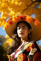 photo of emotional dynamic pose Mexican woman in autumn AI Generative