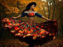 photo of emotional dynamic pose Mexican woman in autumn AI Generative