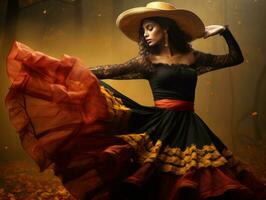 photo of emotional dynamic pose Mexican woman in autumn AI Generative