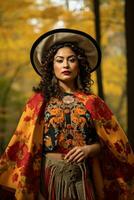 photo of emotional dynamic pose Mexican woman in autumn AI Generative