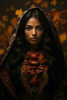 photo of emotional dynamic pose Mexican woman in autumn AI Generative