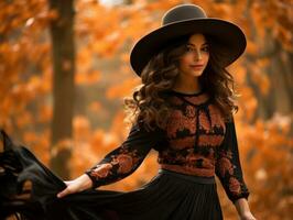 photo of emotional dynamic pose Mexican woman in autumn AI Generative