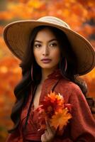 photo of emotional dynamic pose Mexican woman in autumn AI Generative