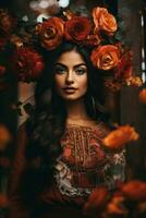 photo of emotional dynamic pose Mexican woman in autumn AI Generative