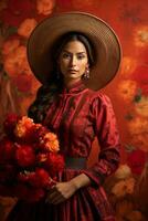 photo of emotional dynamic pose Mexican woman in autumn AI Generative