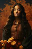 photo of emotional dynamic pose Mexican woman in autumn AI Generative