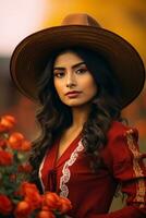 photo of emotional dynamic pose Mexican woman in autumn AI Generative