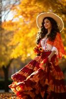 photo of emotional dynamic pose Mexican woman in autumn AI Generative