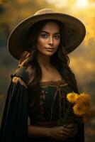 photo of emotional dynamic pose Mexican woman in autumn AI Generative