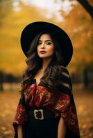 photo of emotional dynamic pose Mexican woman in autumn AI Generative