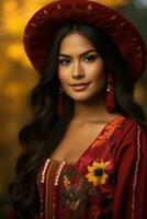 photo of emotional dynamic pose Mexican woman in autumn AI Generative