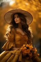 photo of emotional dynamic pose Mexican woman in autumn AI Generative