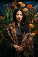 photo of emotional dynamic pose Mexican woman in autumn AI Generative