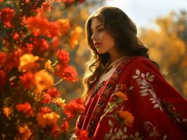 photo of emotional dynamic pose Mexican woman in autumn AI Generative