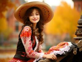 photo of emotional dynamic pose Mexican woman in autumn AI Generative