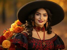 photo of emotional dynamic pose Mexican woman in autumn AI Generative