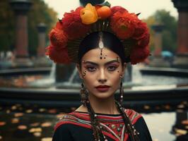 photo of emotional dynamic pose Mexican woman in autumn AI Generative