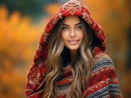 photo of emotional dynamic pose Mexican woman in autumn AI Generative