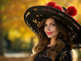 photo of emotional dynamic pose Mexican woman in autumn AI Generative