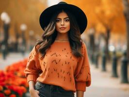 photo of emotional dynamic pose Mexican woman in autumn AI Generative