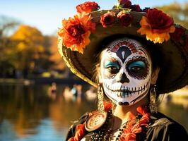 photo of emotional dynamic pose Mexican woman in autumn AI Generative