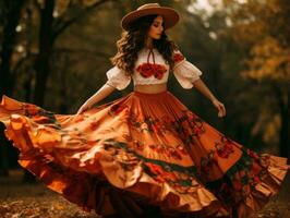 photo of emotional dynamic pose Mexican woman in autumn AI Generative