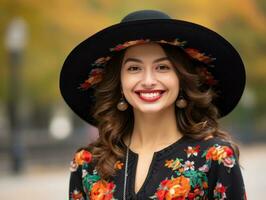 photo of emotional dynamic pose Mexican woman in autumn AI Generative