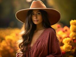 photo of emotional dynamic pose Mexican woman in autumn AI Generative