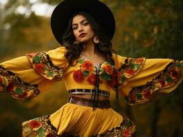 photo of emotional dynamic pose Mexican woman in autumn AI Generative