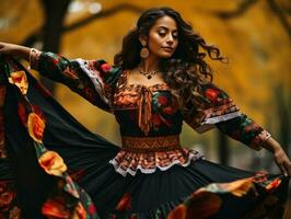 photo of emotional dynamic pose Mexican woman in autumn AI Generative