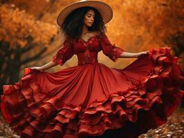 photo of emotional dynamic pose Mexican woman in autumn AI Generative