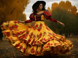 photo of emotional dynamic pose Mexican woman in autumn AI Generative