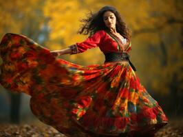 photo of emotional dynamic pose Mexican woman in autumn AI Generative