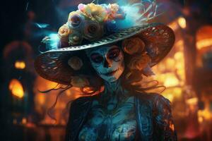 Woman is celebrating Day of Dead holiday. Generative AI photo