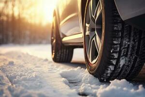 Car wheel with winter car on snow. Generative AI photo