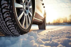 Car wheel with winter car on snow. Generative AI photo